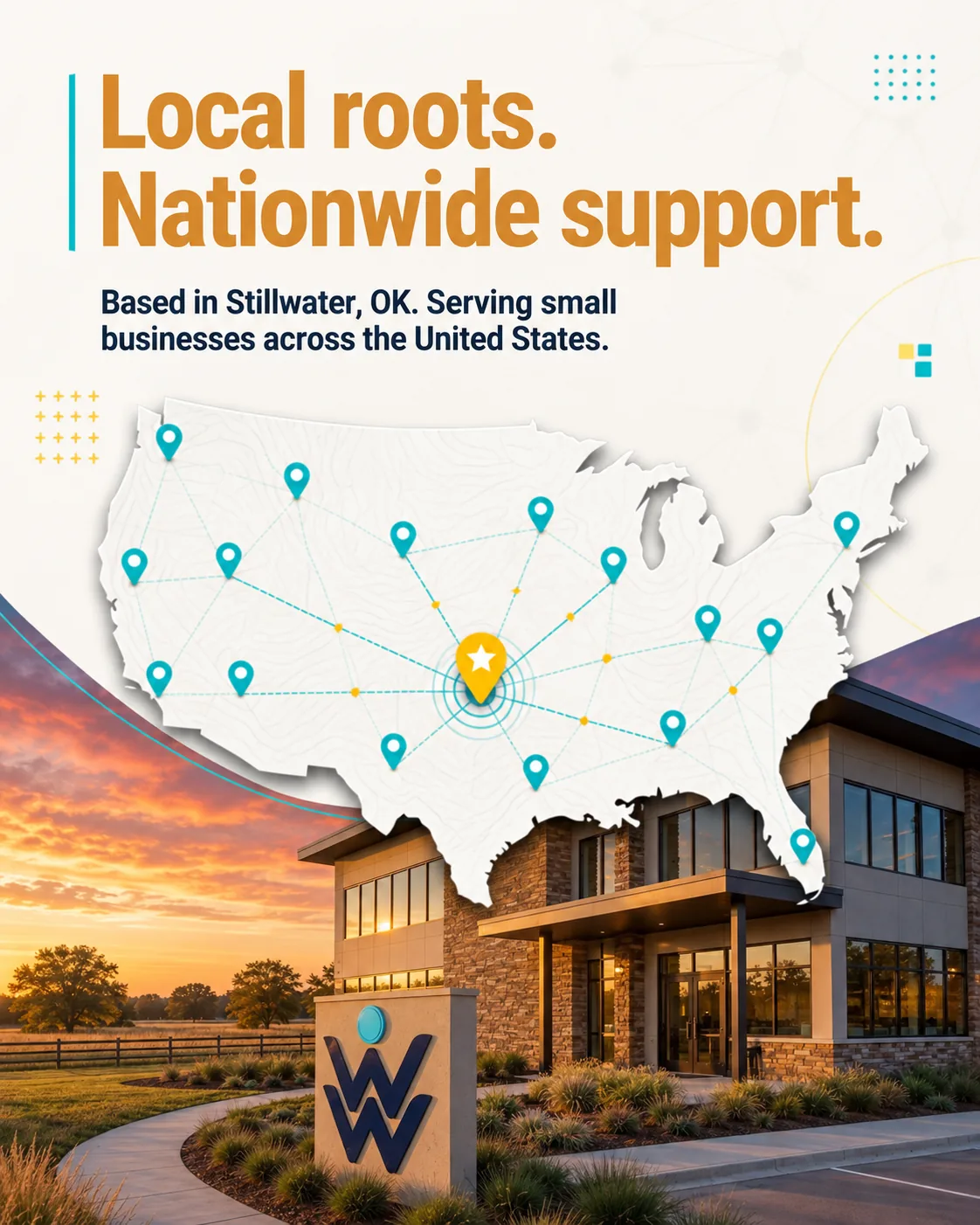 Local roots. Nationwide support. Based in Stillwater, OK. Serving small businesses across the United States.