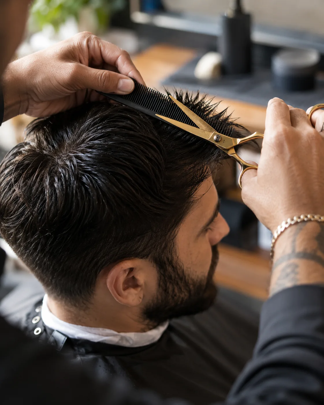 Scissors and comb on a cut — the portfolio a stranger should be able to see before they book.