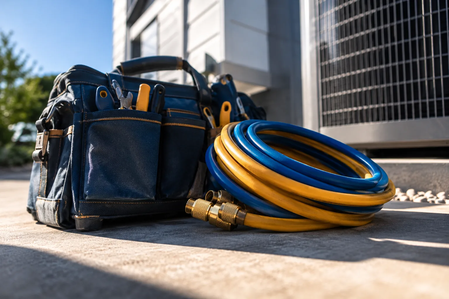 A packed tool bag and charging hoses beside an outdoor unit after the visit.