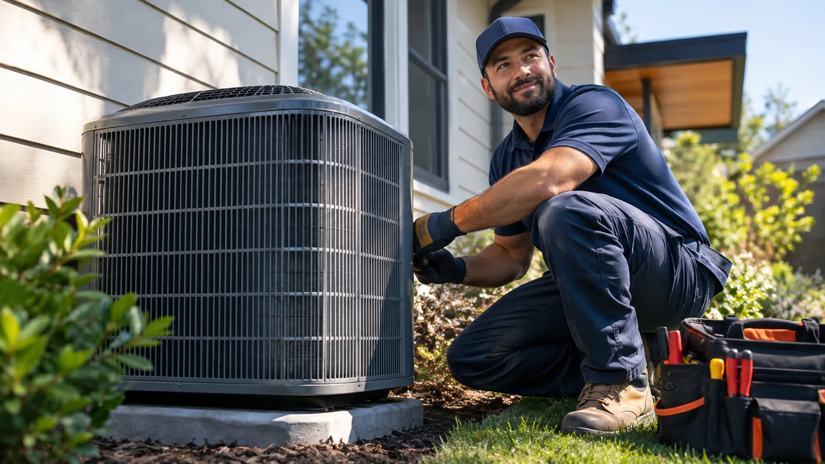 An HVAC technician kneeling beside a residential condenser, the kind of house-call customers actually search for.