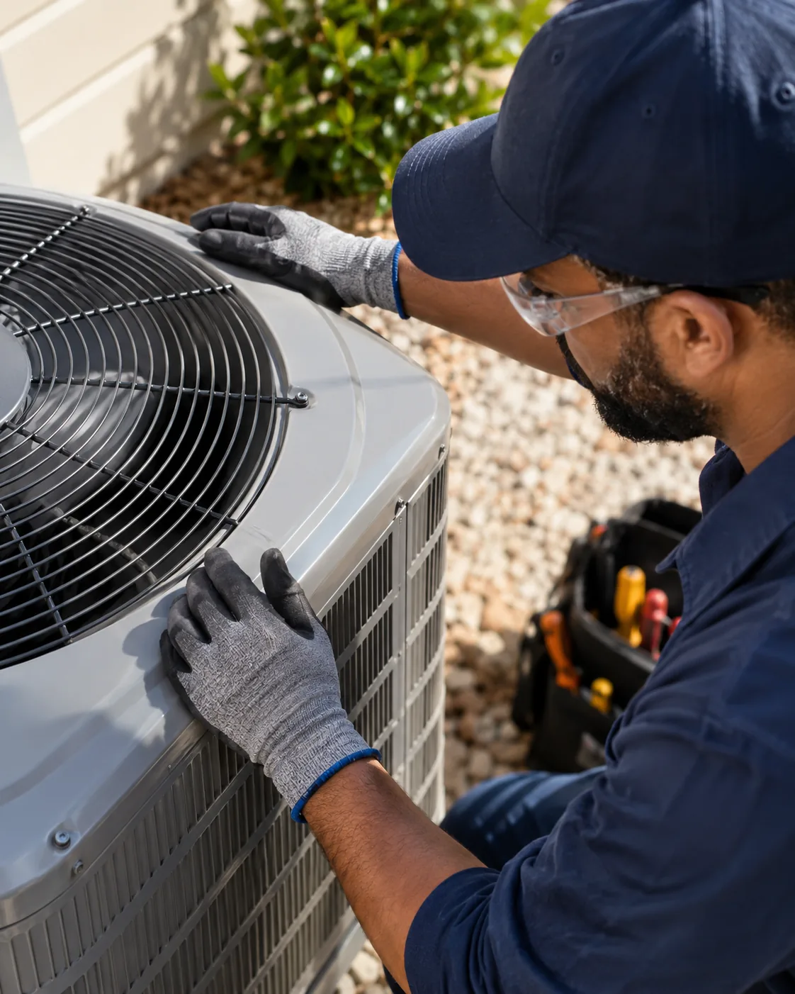 Close work on an outdoor HVAC unit — gloves on the housing, tools in reach.