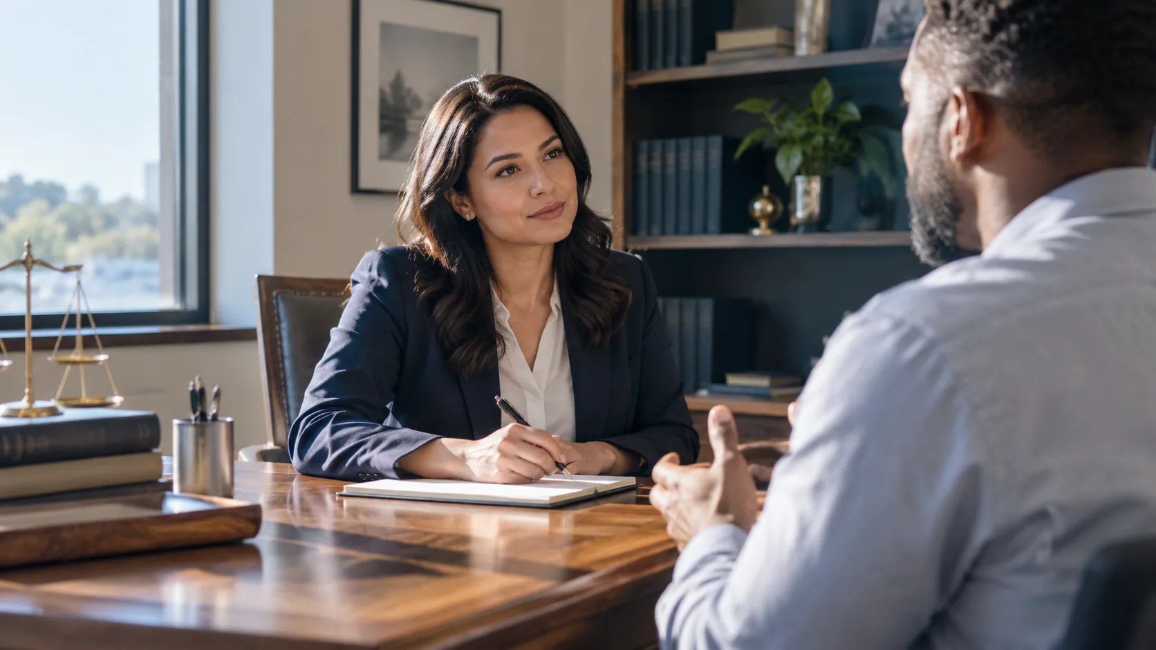 A consultation at the desk. Someone with a legal problem needs to know who they would speak with.