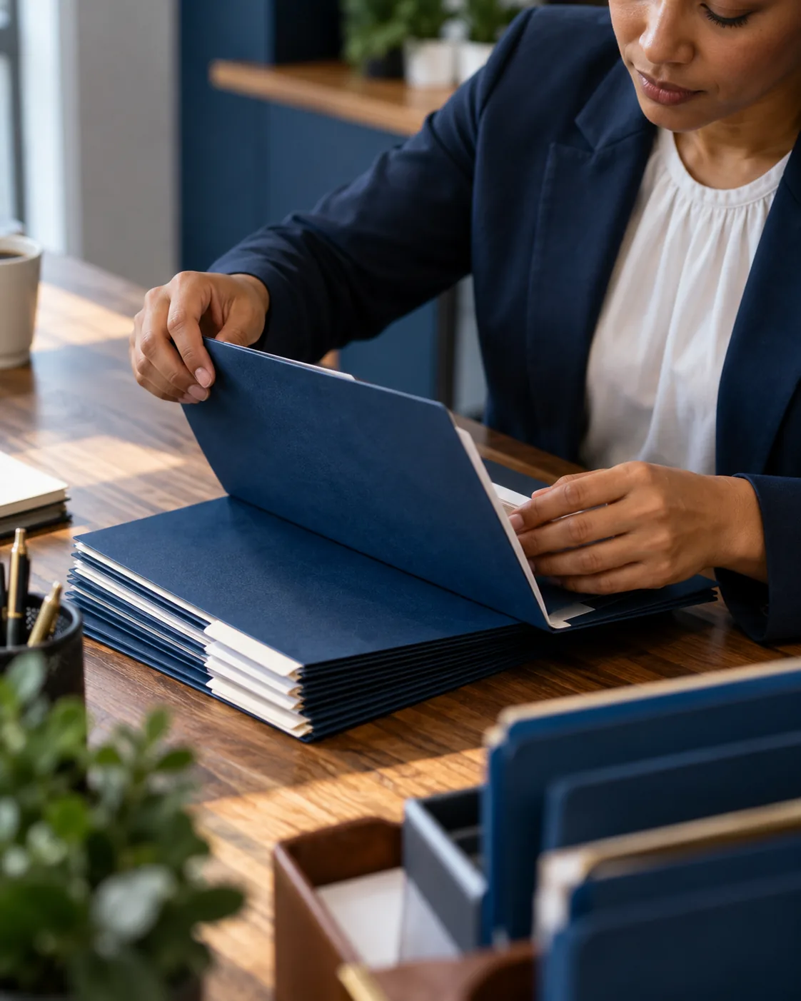Practice files on the desk — the work should be as clear on the site as it is in the office.