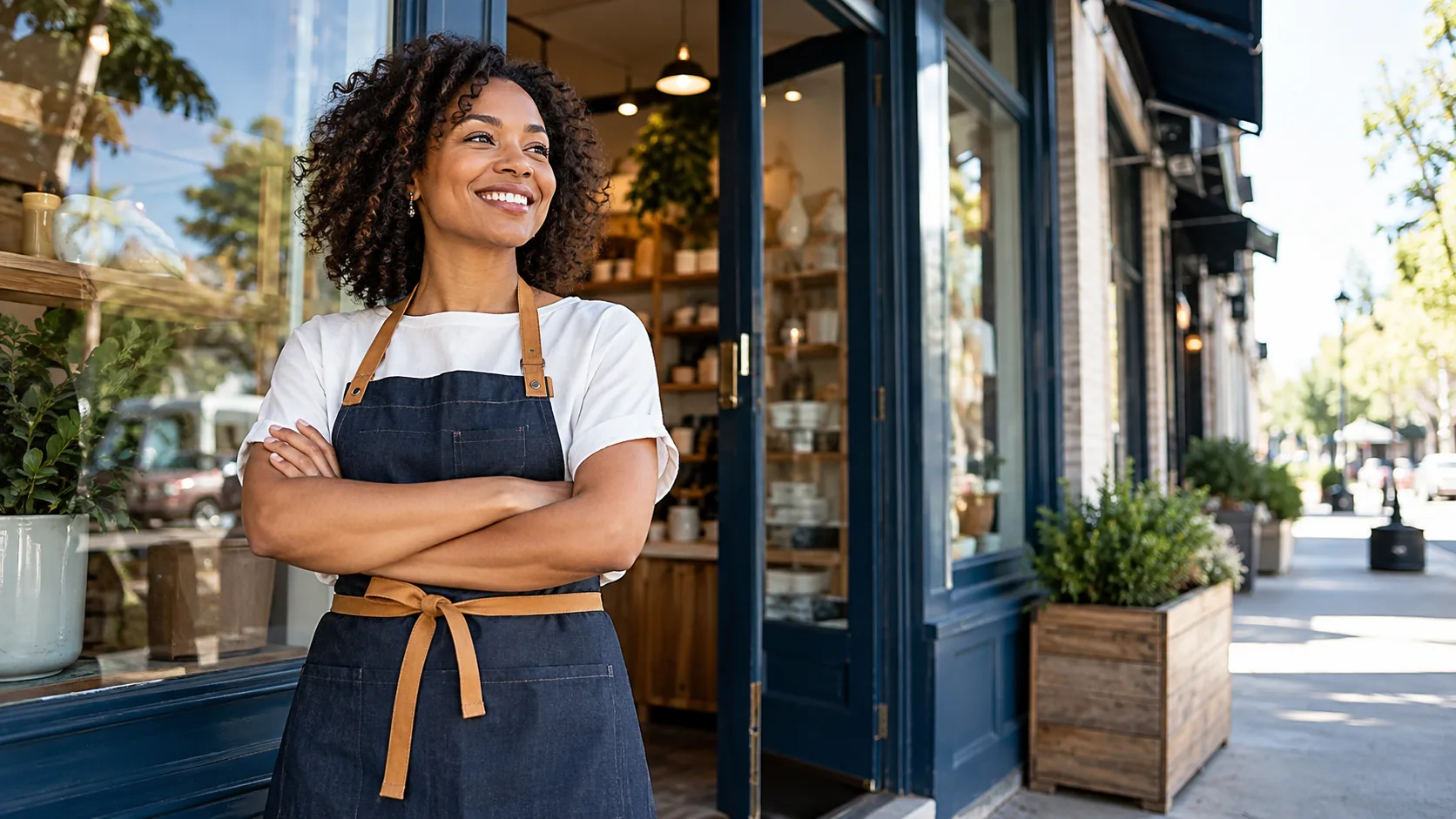 A shop owner at the open door — the business a nearby search should actually find.