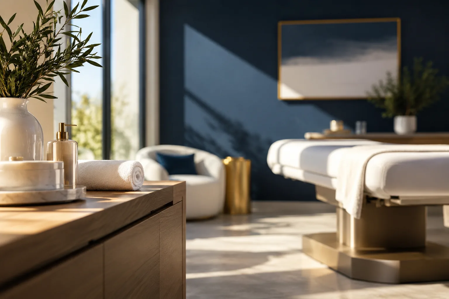 A calm treatment room in late light — the space a guest is comparing before they book.