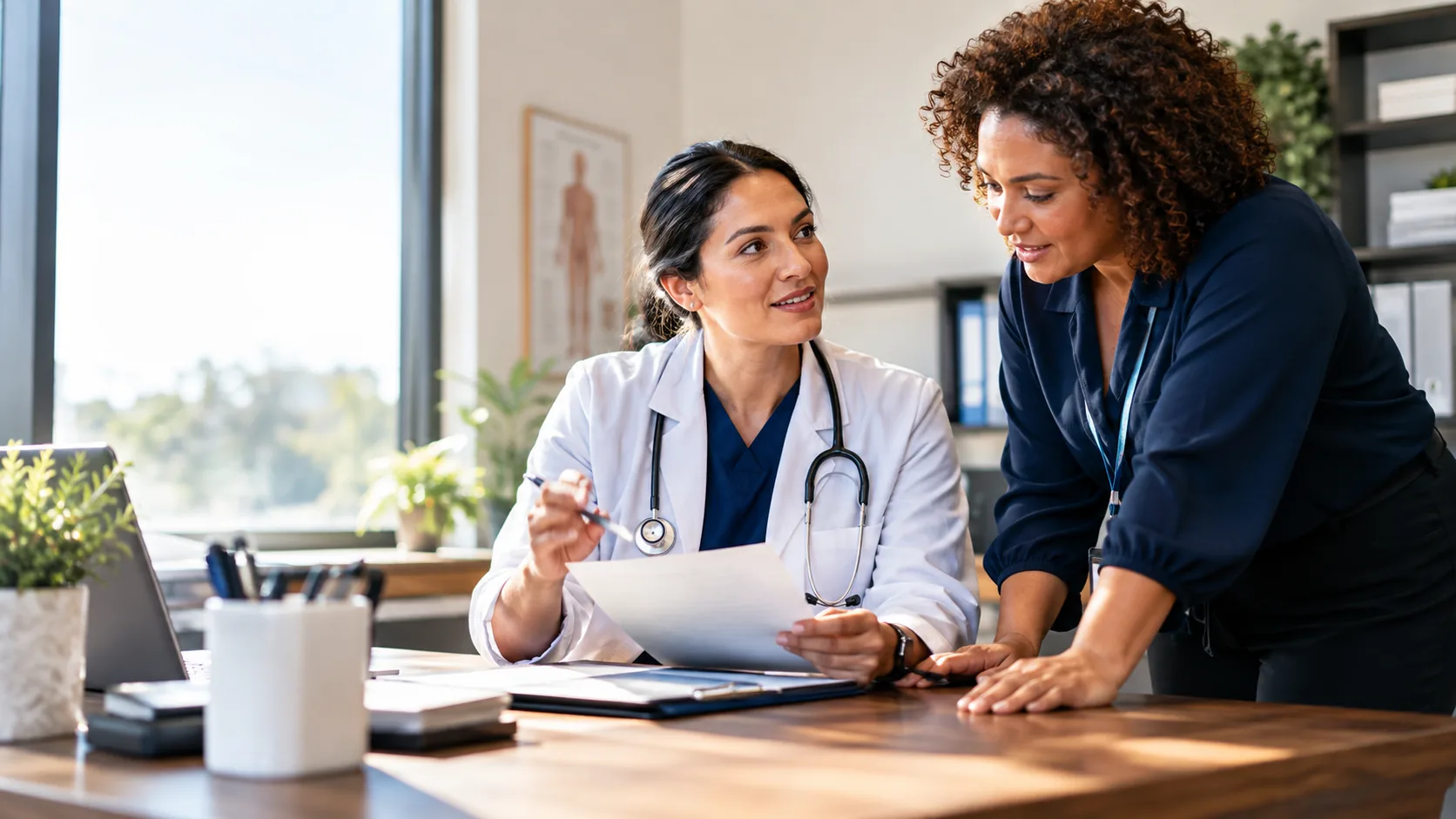 A physician and staff reviewing a chart. Patients need hours, services, and a calm next step.