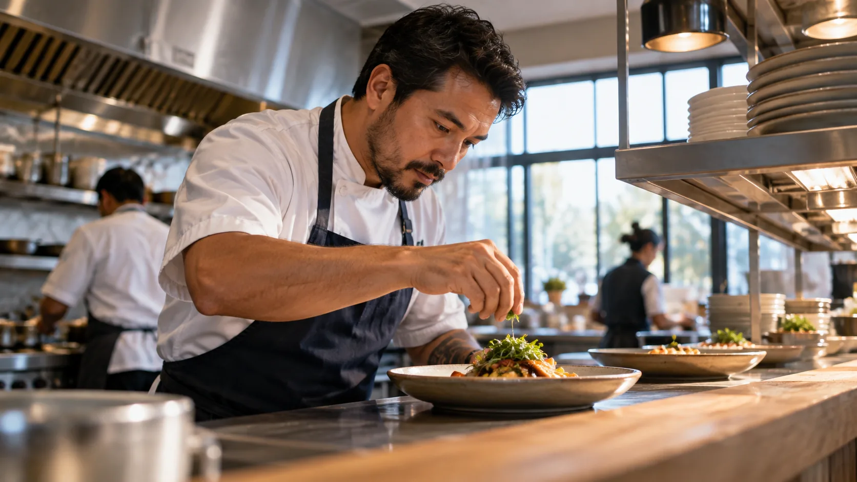 A chef finishing plates on the pass. Guests decide from a photo, a menu, and whether the hours look current.