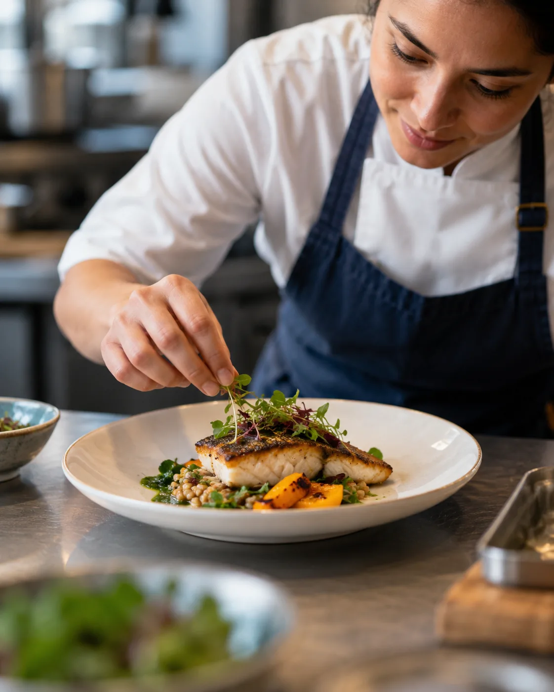 A finished plate leaving the kitchen. The public presence should match the food, not a stock dinner.