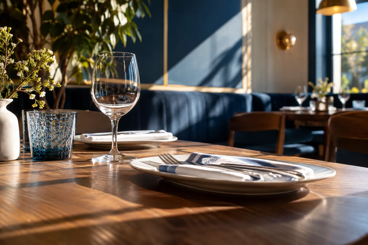 A set table in late light. The reservation path should be as easy as sitting down.